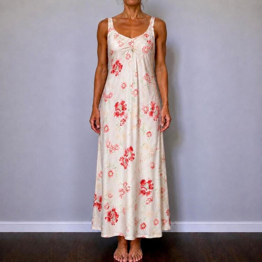 Vintage Romantic Cabernet Cream Floral Satin Maxi Slip Nightgown Dress Size M/L